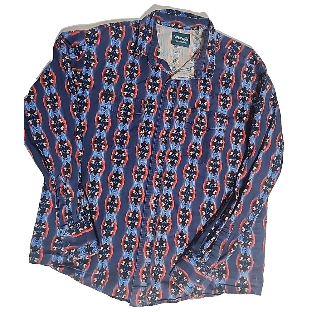 Vintage Wrangler Pearl Snap Brushpopper Style Button Down Geometric Mens XL Blue
